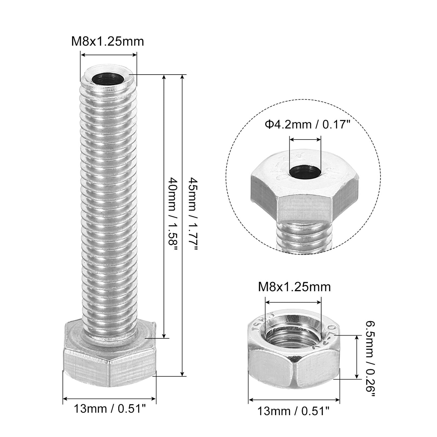 Harfington M8x40mm Hollow External Hexagon Screw, 3 Set Cylindrical Lamp Threading Socket Screws Through Hole Bolt with Nut 304 Stainless Steel