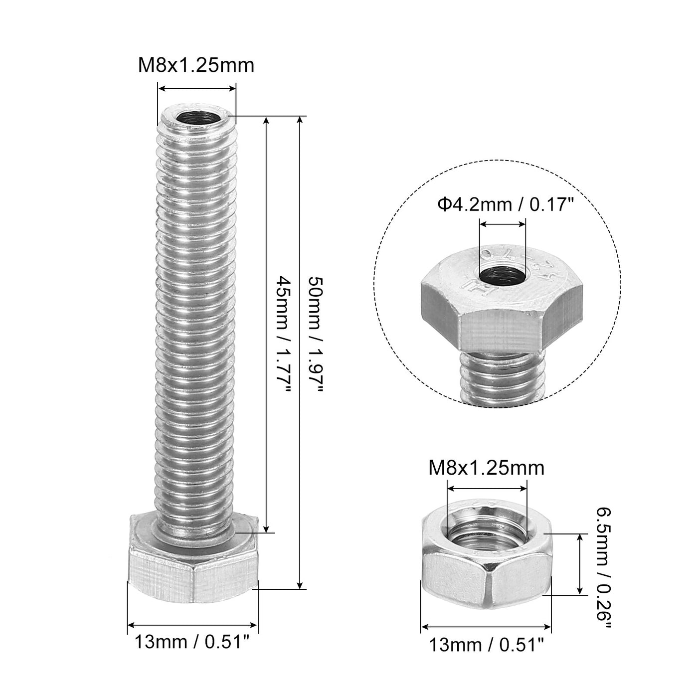 Harfington M8x45mm Hollow External Hexagon Screw, 3 Set Cylindrical Lamp Threading Socket Screws Through Hole Bolt with Nut 304 Stainless Steel