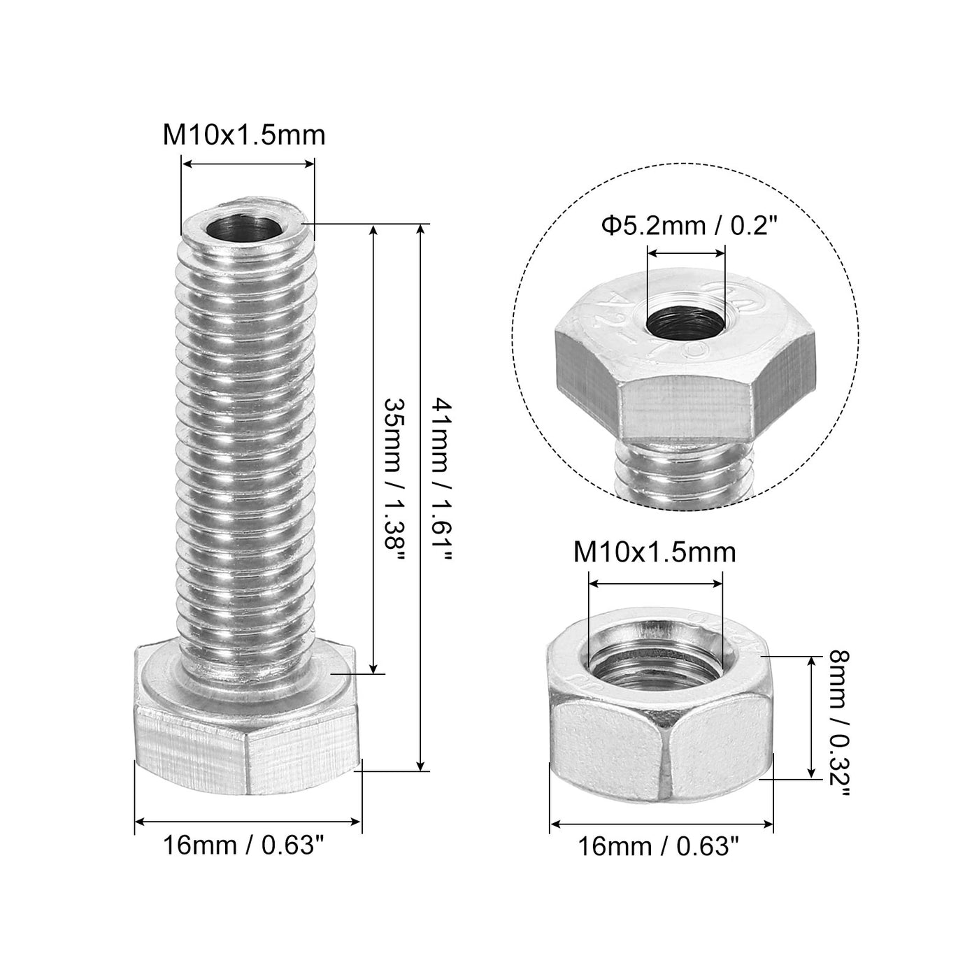 Harfington M10x35mm Hollow External Hexagon Screw, 3 Set Cylindrical Lamp Threading Socket Screws Through Hole Bolt with Nut 304 Stainless Steel