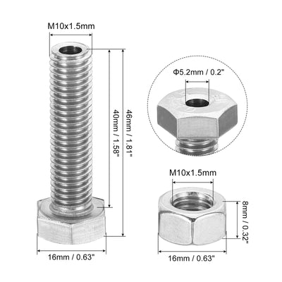 Harfington M10x40mm Hollow External Hexagon Screw, 3 Set Cylindrical Lamp Threading Socket Screws Through Hole Bolt with Nut 304 Stainless Steel