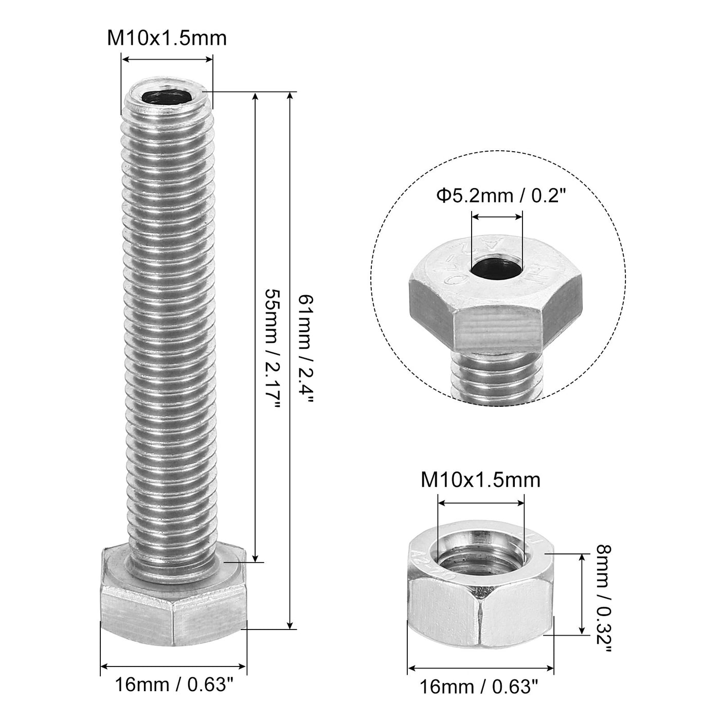 Harfington M10x55mm Hollow External Hexagon Screw, 3 Set Cylindrical Lamp Threading Socket Screws Through Hole Bolt with Nut 304 Stainless Steel