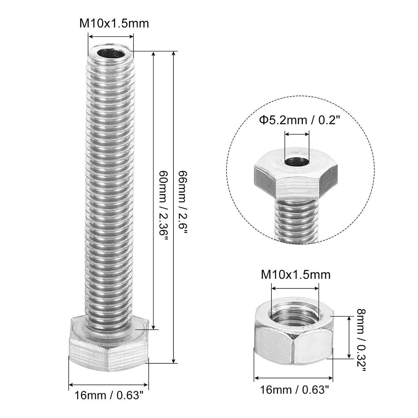 Harfington M10x60mm Hollow External Hexagon Screw, 3 Set Cylindrical Lamp Threading Socket Screws Through Hole Bolt with Nut 304 Stainless Steel