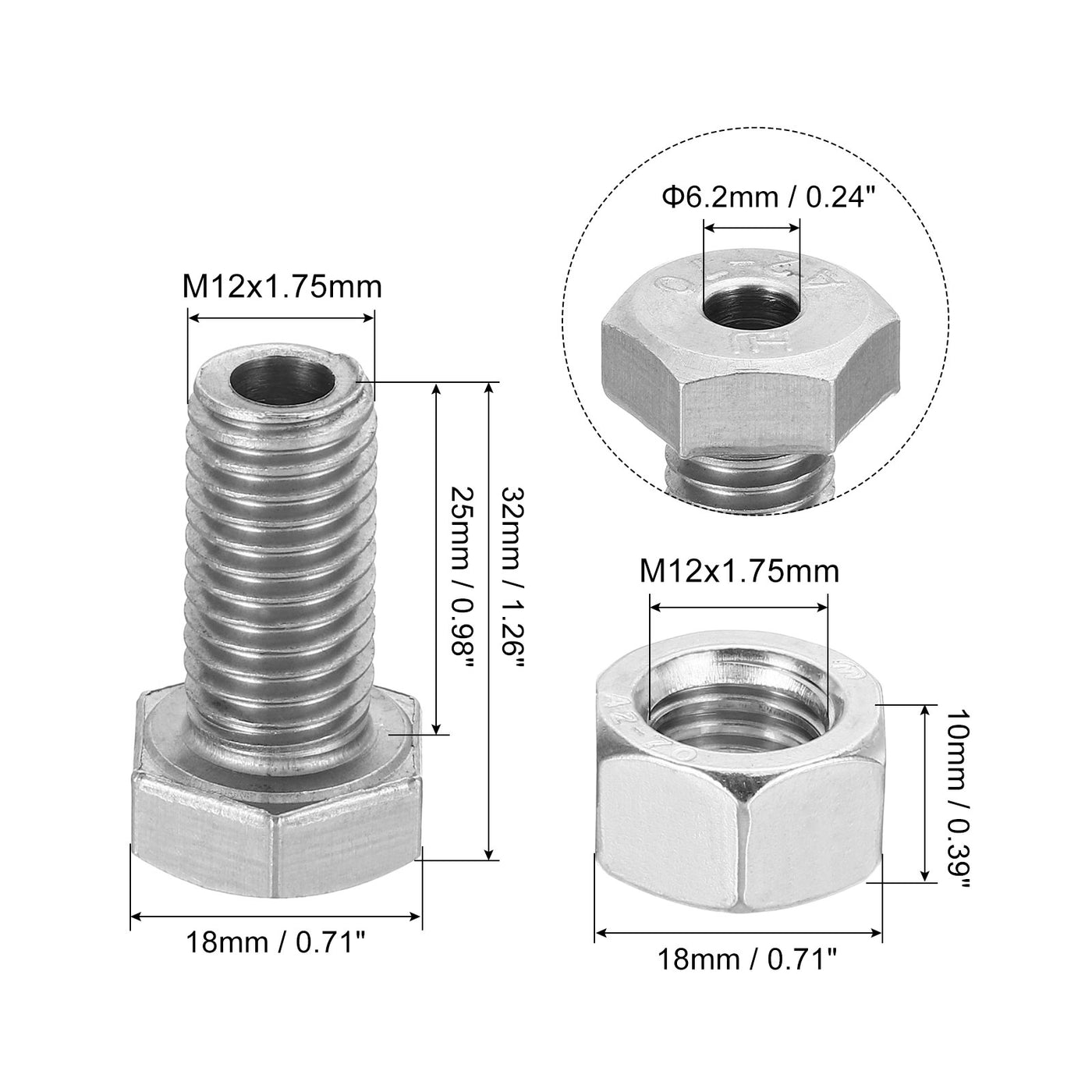 Harfington M12x25mm Hollow External Hexagon Screw, 3 Set Cylindrical Lamp Threading Socket Screws Through Hole Bolt with Nut 304 Stainless Steel