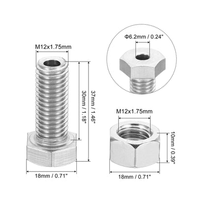 Harfington M12x30mm Hollow External Hexagon Screw, 3 Set Cylindrical Lamp Threading Socket Screws Through Hole Bolt with Nut 304 Stainless Steel