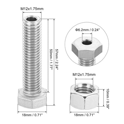 Harfington M12x50mm Hollow External Hexagon Screw, 3 Set Cylindrical Lamp Threading Socket Screws Through Hole Bolt with Nut 304 Stainless Steel