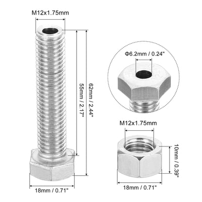 Harfington M12x55mm Hollow External Hexagon Screw, 1 Set Cylindrical Lamp Threading Socket Screws Through Hole Bolt with Nut 304 Stainless Steel