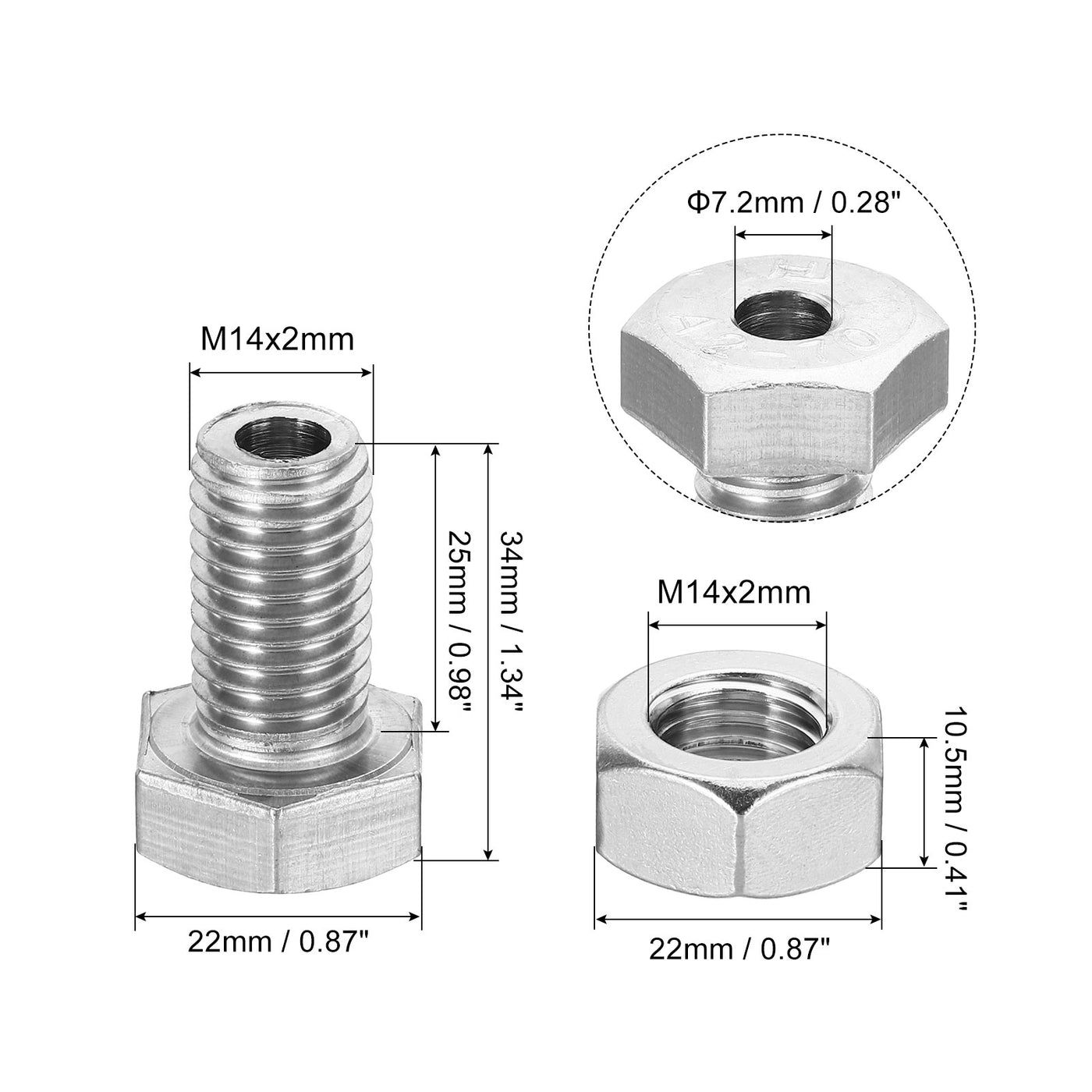 Harfington M14x25mm Hollow External Hexagon Screw, 1 Set Cylindrical Lamp Threading Socket Screws Through Hole Bolt with Nut 304 Stainless Steel