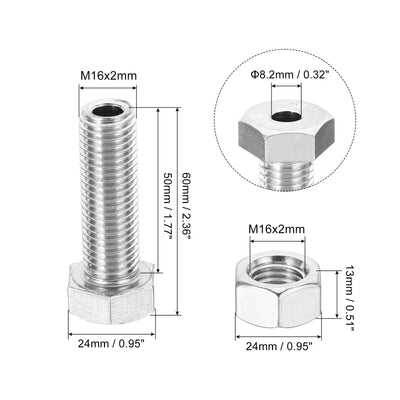 Harfington M16x50mm Hollow External Hexagon Screw, 1 Set Cylindrical Lamp Threading Socket Screws Through Hole Bolt with Nut 304 Stainless Steel