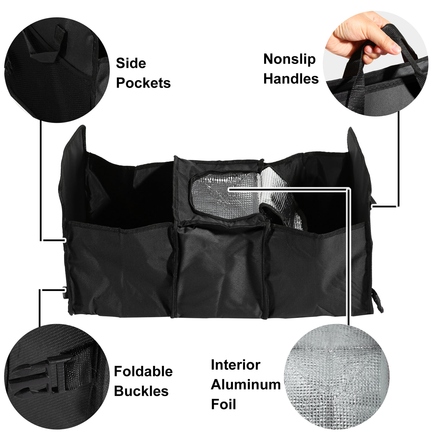 X AUTOHAUX Car Trunk Foldable Organizer Mesh Storage Pockets Thermal Insulation Cold Preservation with Aluminum Foil Multi Compartments Cooling Bag Black