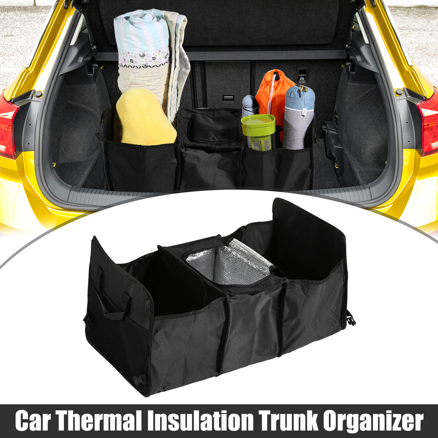 X AUTOHAUX Car Trunk Foldable Organizer Mesh Storage Pockets Thermal Insulation Cold Preservation with Aluminum Foil Multi Compartments Cooling Bag Black
