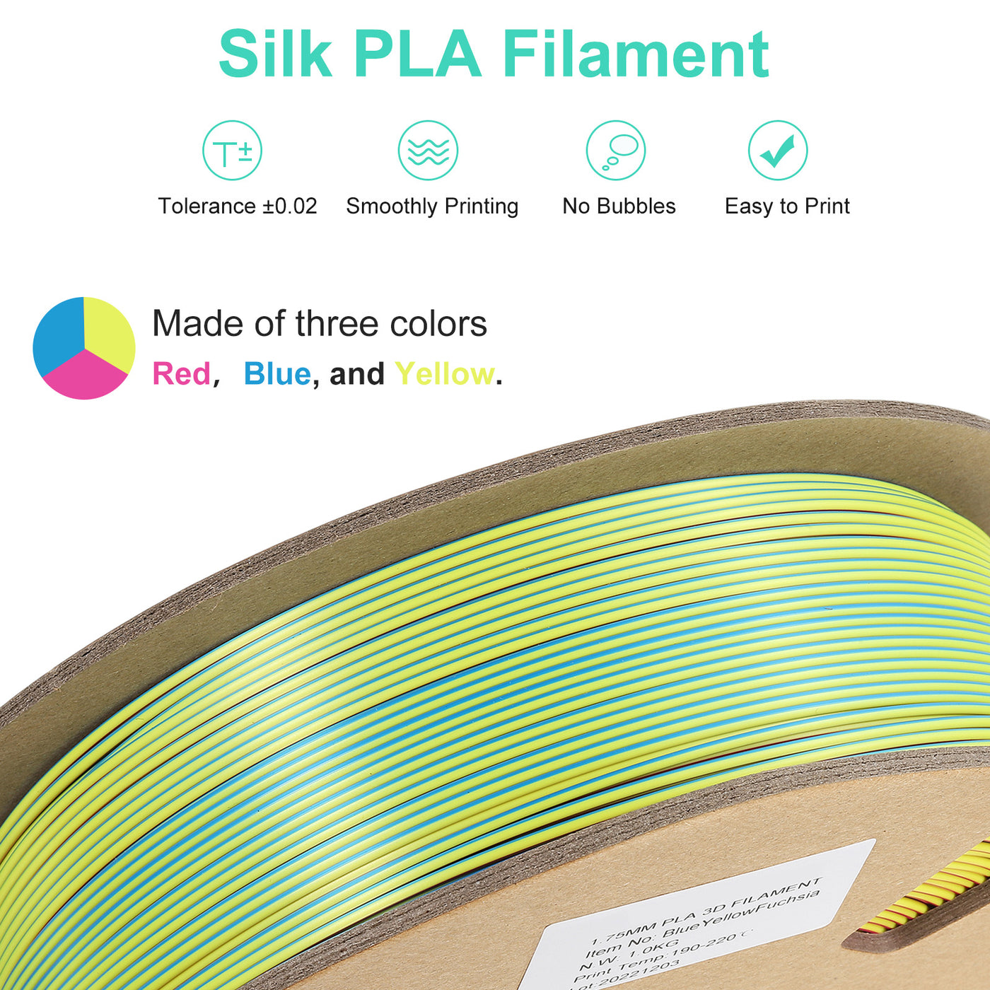 Harfington 3D Printer Filament, 1.75mm 1KG, Tri-Colors PLA Filament with Red Yellow Blue