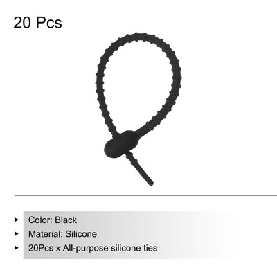 Harfington Reusable Zip Ties, 6 Inch Silicone Ties Bag Clips (Black Pack of 20)