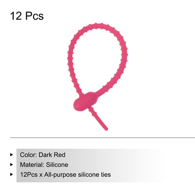Harfington Reusable Zip Ties, 6 Inch Silicone Ties Bag Clips (Dark Red Pack of 12)