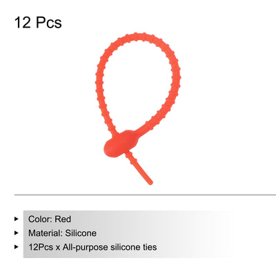 Harfington Reusable Zip Ties, 6 Inch Silicone Ties Bag Clips (Red Pack of 12)