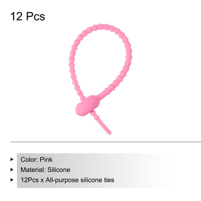 Harfington Reusable Zip Ties, 6 Inch Silicone Ties Bag Clips (Pink Pack of 12)