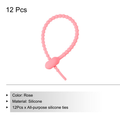 Harfington Reusable Zip Ties, 6 Inch Silicone Ties Bag Clips (Rose Pack of 12)