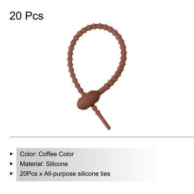 Harfington Reusable Zip Ties, 6 Inch Silicone Ties Bag Clips (Coffee Color Pack of 20)