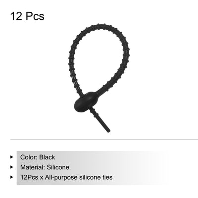 Harfington Reusable Zip Ties, 7 Inch Silicone Ties Bag Clips (Black Pack of 12)