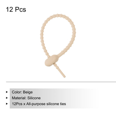 Harfington Reusable Zip Ties, 7 Inch Silicone Ties Bag Clips (Beige Pack of 12)