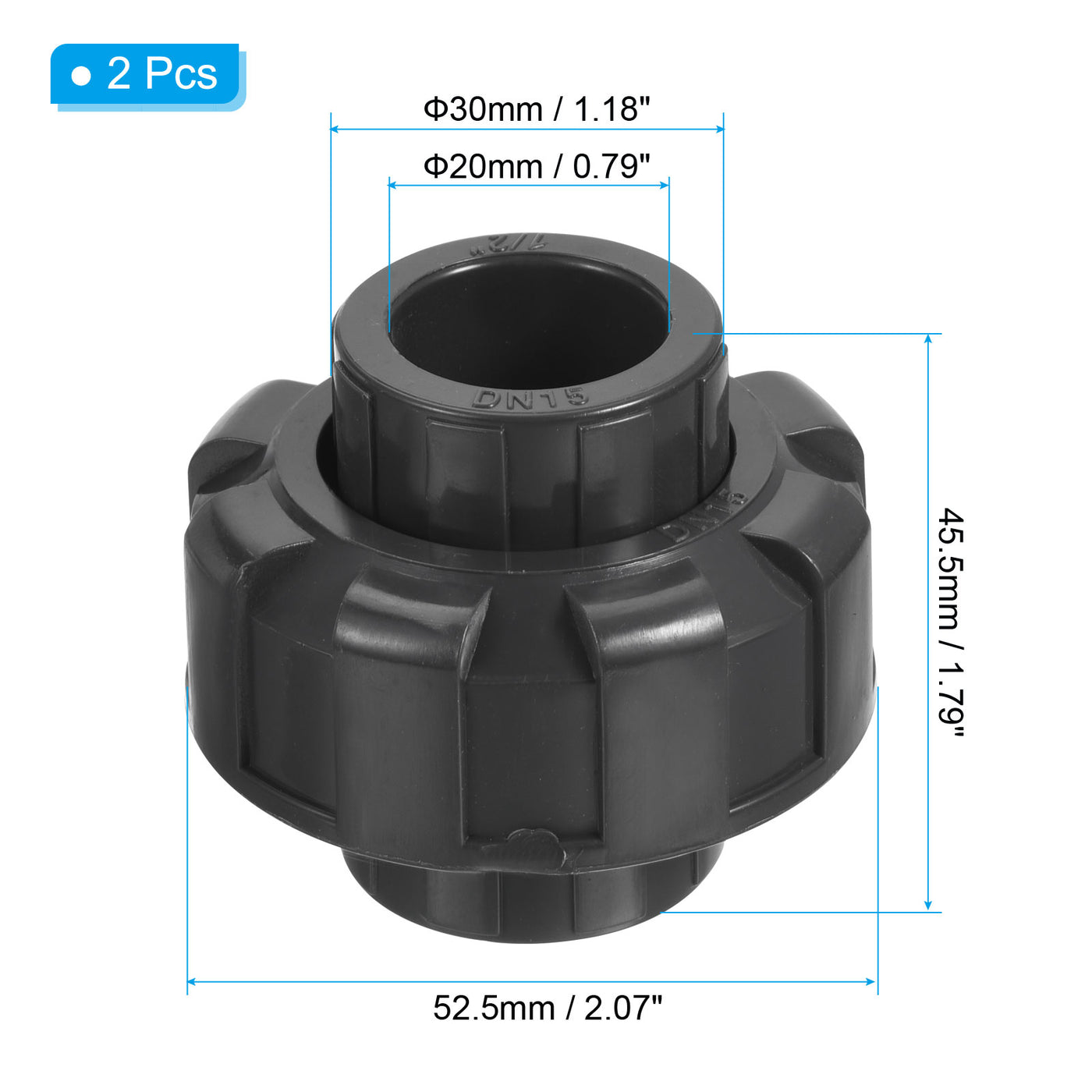 Harfington UPVC Pipe Fitting 1/2" Socket, 2 Pack Straight Joint Union Quick Connector, Grey