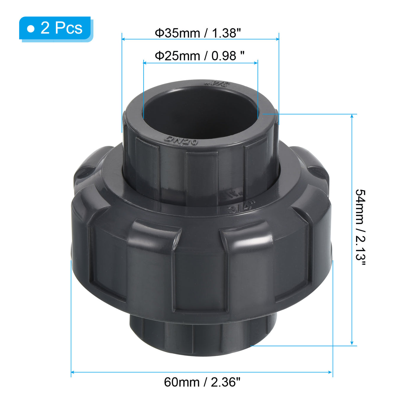 Harfington UPVC Pipe Fitting 3/4" Socket, 2 Pack Straight Joint Union Quick Connector, Grey