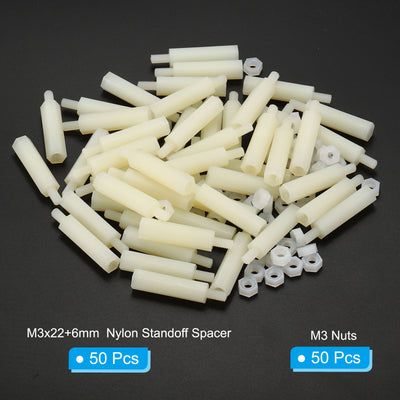 Harfington M3x22+6mm Male Female Standoff, 50Pcs Nylon Screws Hex Spacer with 50Pcs Nut for PCB, Motherboard, Computer Case, Circuit Board, Electronic
