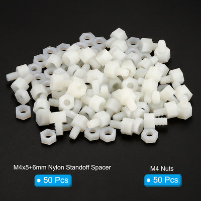 Harfington M4x5+6mm Male Female Standoff, 50Pcs Nylon Screws Hex Spacer with 50Pcs Nut for PCB, Motherboard, Computer Case, Circuit Board, Electronic