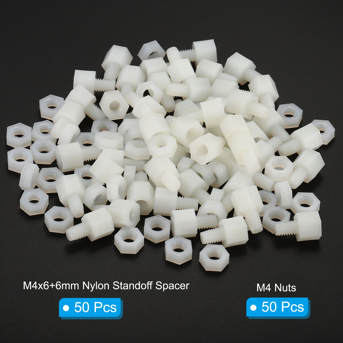Harfington M4x6+6mm Male Female Standoff, 50Pcs Nylon Screws Hex Spacer with 50Pcs Nut for PCB, Motherboard, Computer Case, Circuit Board, Electronic