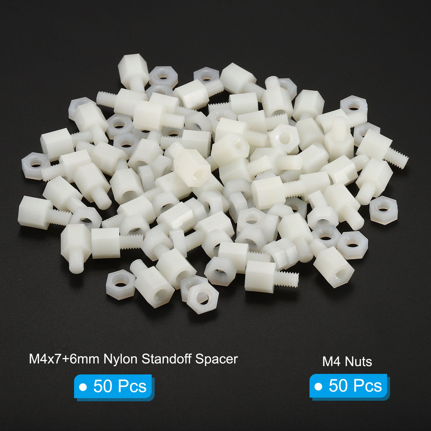 Harfington M4x7+6mm Male Female Standoff, 50Pcs Nylon Screws Hex Spacer with 50Pcs Nut for PCB, Motherboard, Computer Case, Circuit Board, Electronic