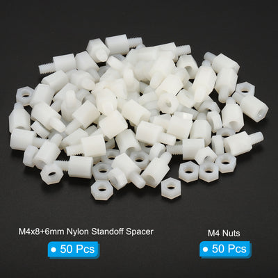 Harfington M4x8+6mm Male Female Standoff, 50Pcs Nylon Screws Hex Spacer with 50Pcs Nut for PCB, Motherboard, Computer Case, Circuit Board, Electronic
