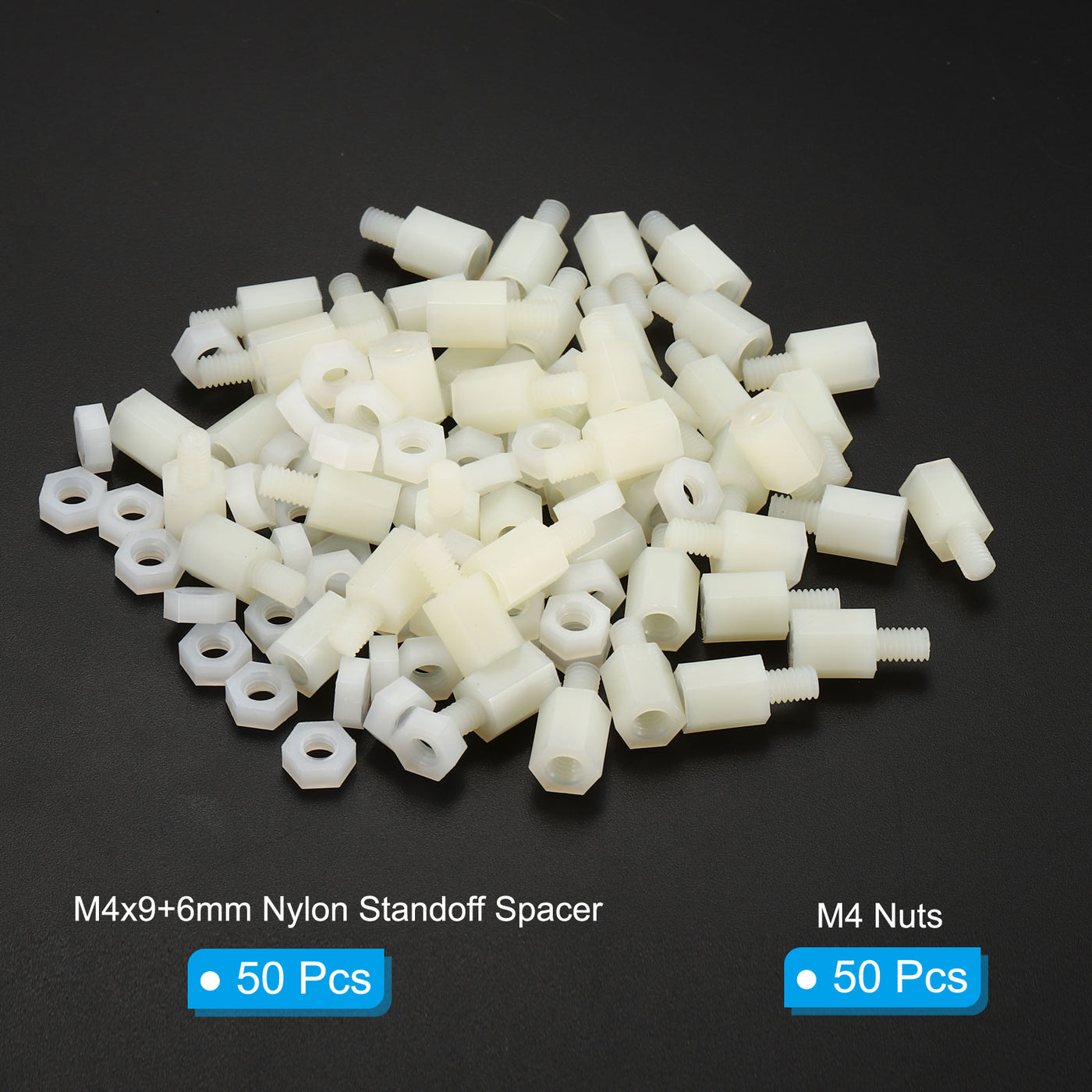 Harfington M4x9+6mm Male Female Standoff, 50Pcs Nylon Screws Hex Spacer with 50Pcs Nut for PCB, Motherboard, Computer Case, Circuit Board, Electronic