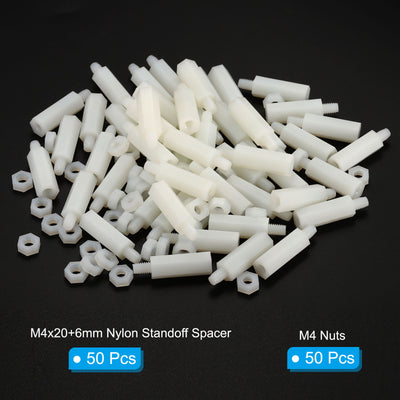 Harfington M4x20+6mm Male Female Standoff, 50Pcs Nylon Screws Hex Spacer with 50Pcs Nut for PCB, Motherboard, Computer Case, Circuit Board, Electronic