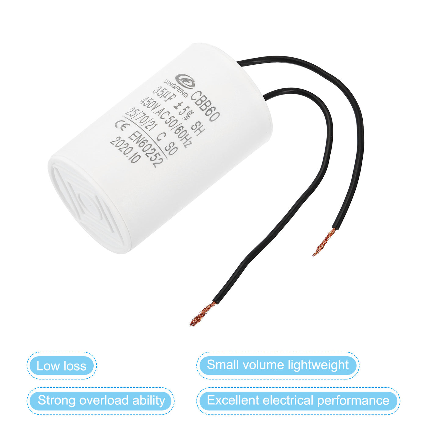 Harfington CBB60 35uF Running Capacitor,AC 450V 50/60Hz with 2 Wires 12cm for Water Pump