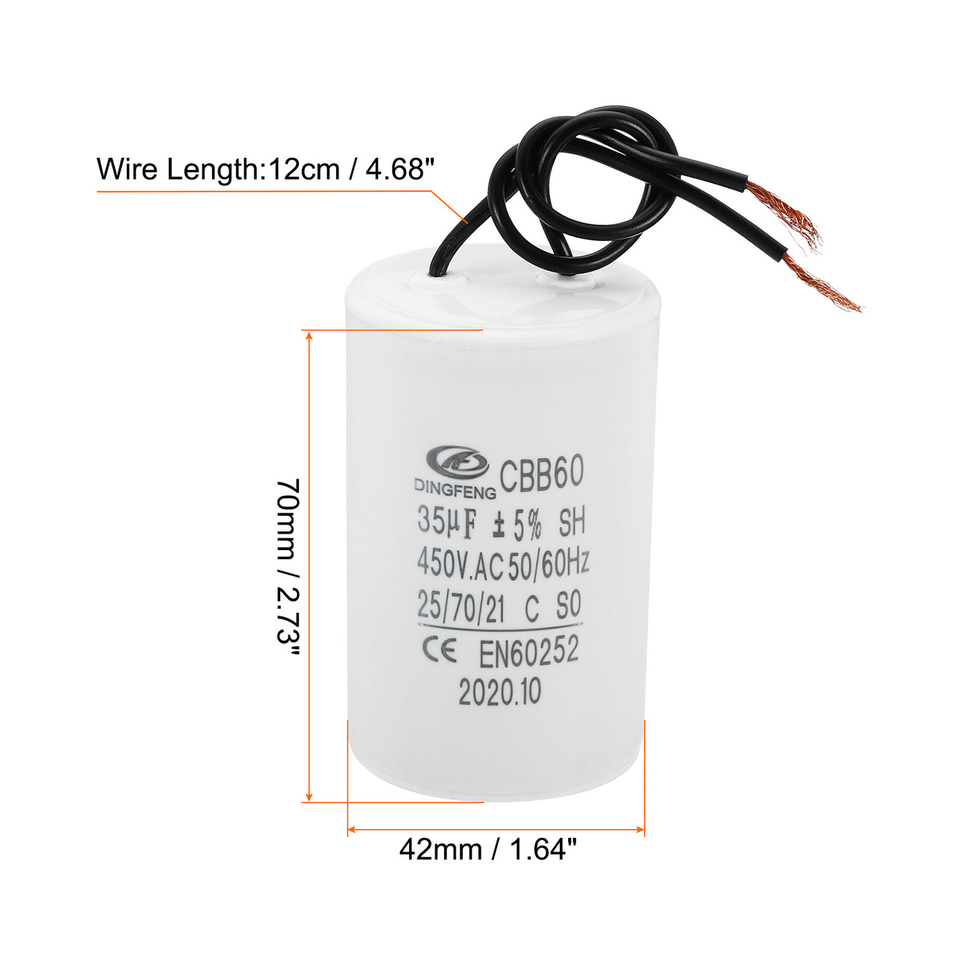 Harfington CBB60 35uF Run Capacitor,2Pcs AC450V 50/60Hz with 2 Wires 12cm for Water Pump