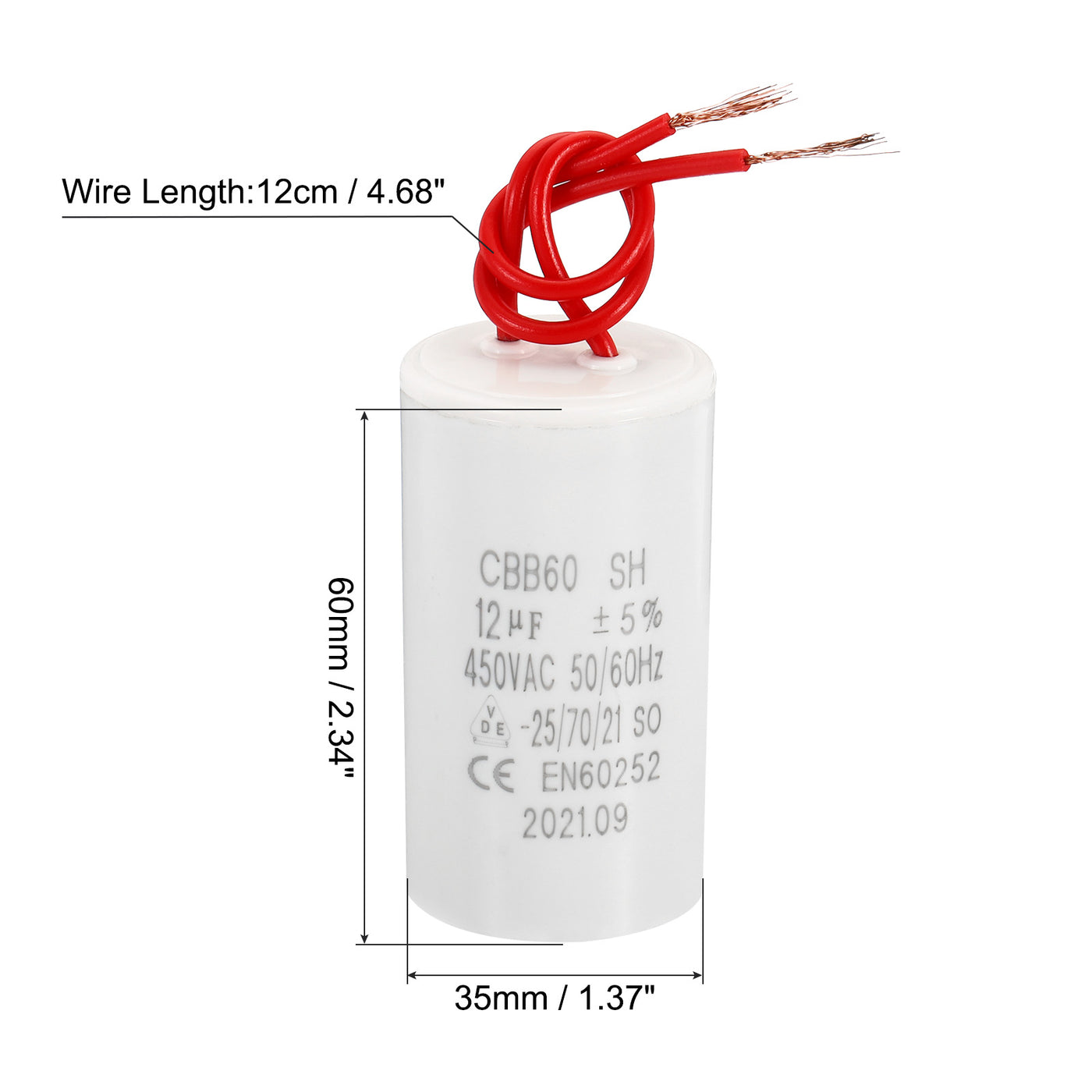 Harfington CBB60 12uF Run Capacitor,3Pcs AC450V 50/60Hz with 2 Wires 12cm for Water Pump