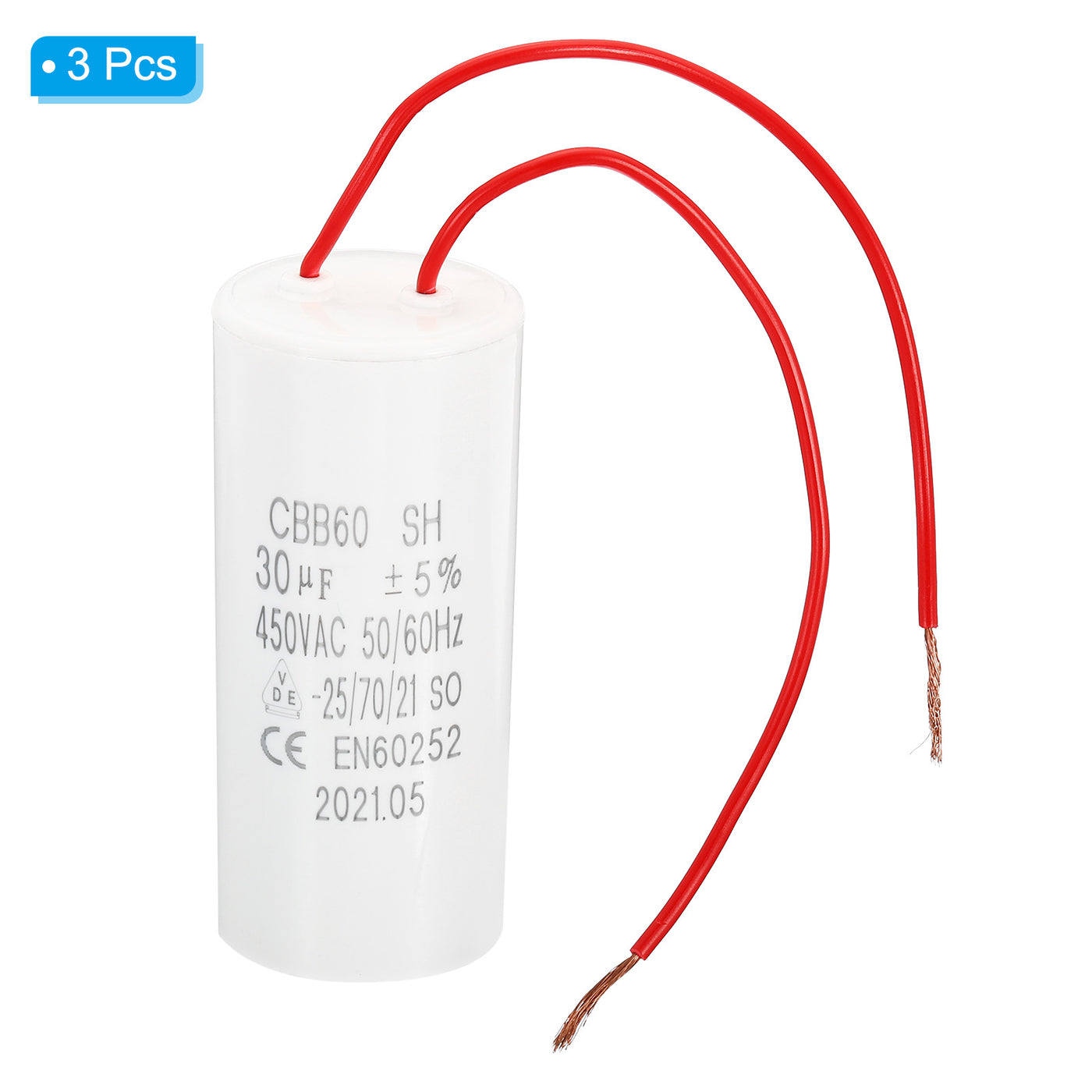 Harfington CBB60 30uF Run Capacitor,3Pcs AC450V 50/60Hz with 2 Wires 13cm for Water Pump