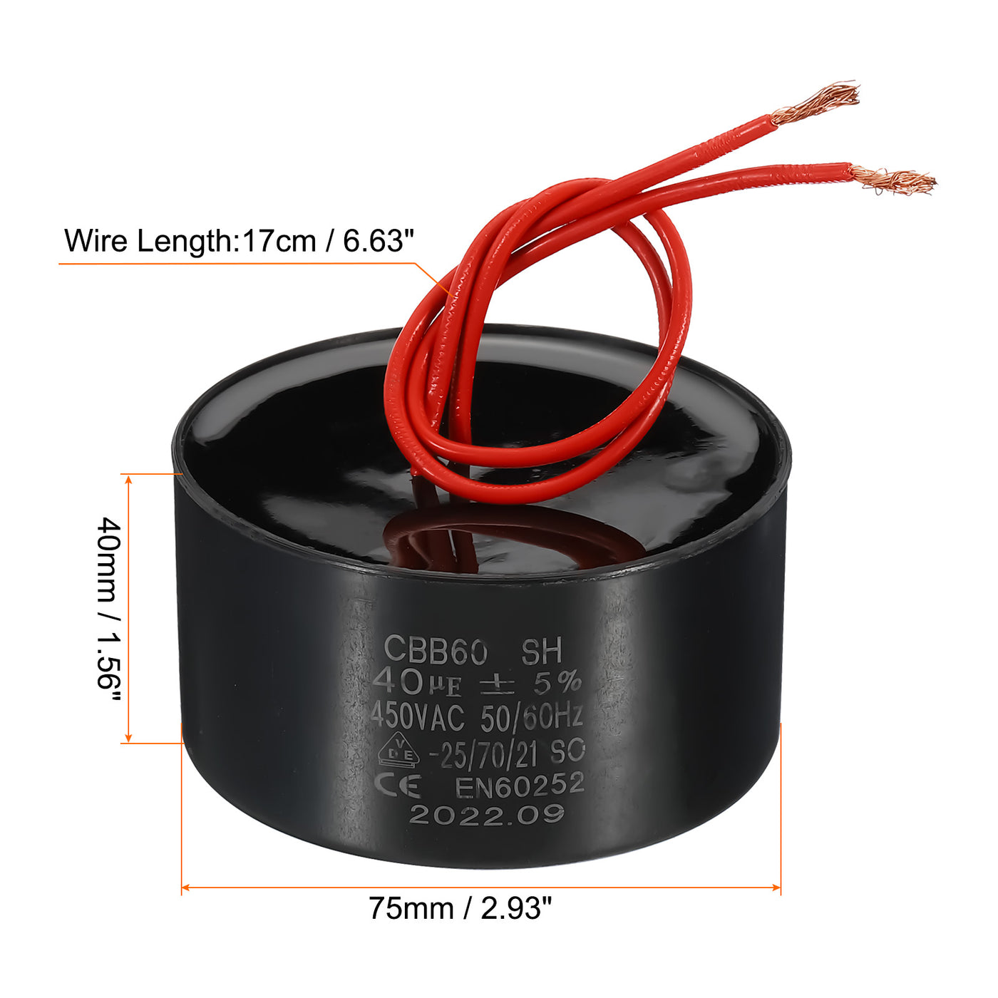 Harfington CBB60 40uf Running Capacitor,AC 450V 50/60Hz with 2 Red Wires 17cm for Water Pump