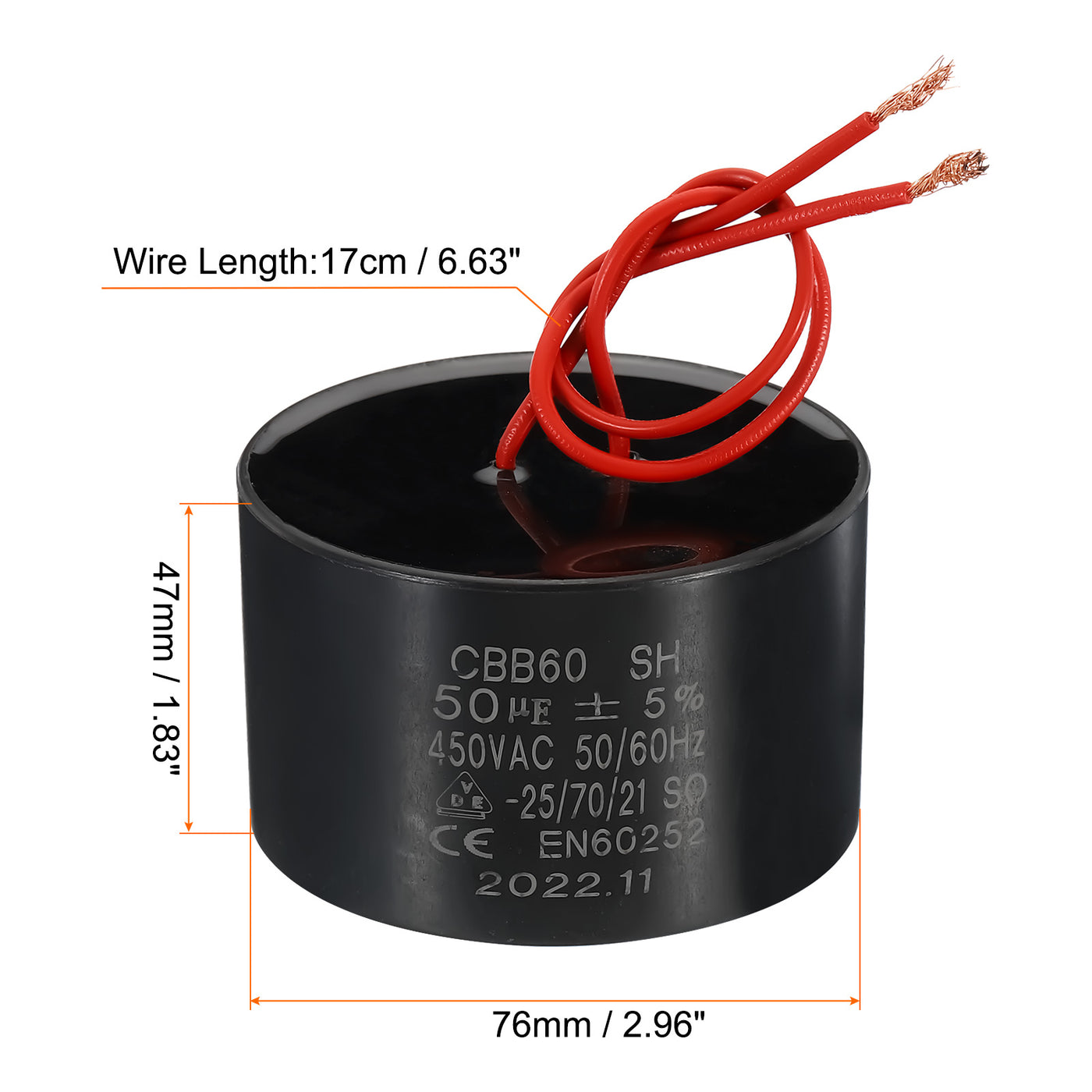 Harfington CBB60 50uf Running Capacitor,AC 450V 50/60Hz with 2 Red Wires 17cm for Water Pump