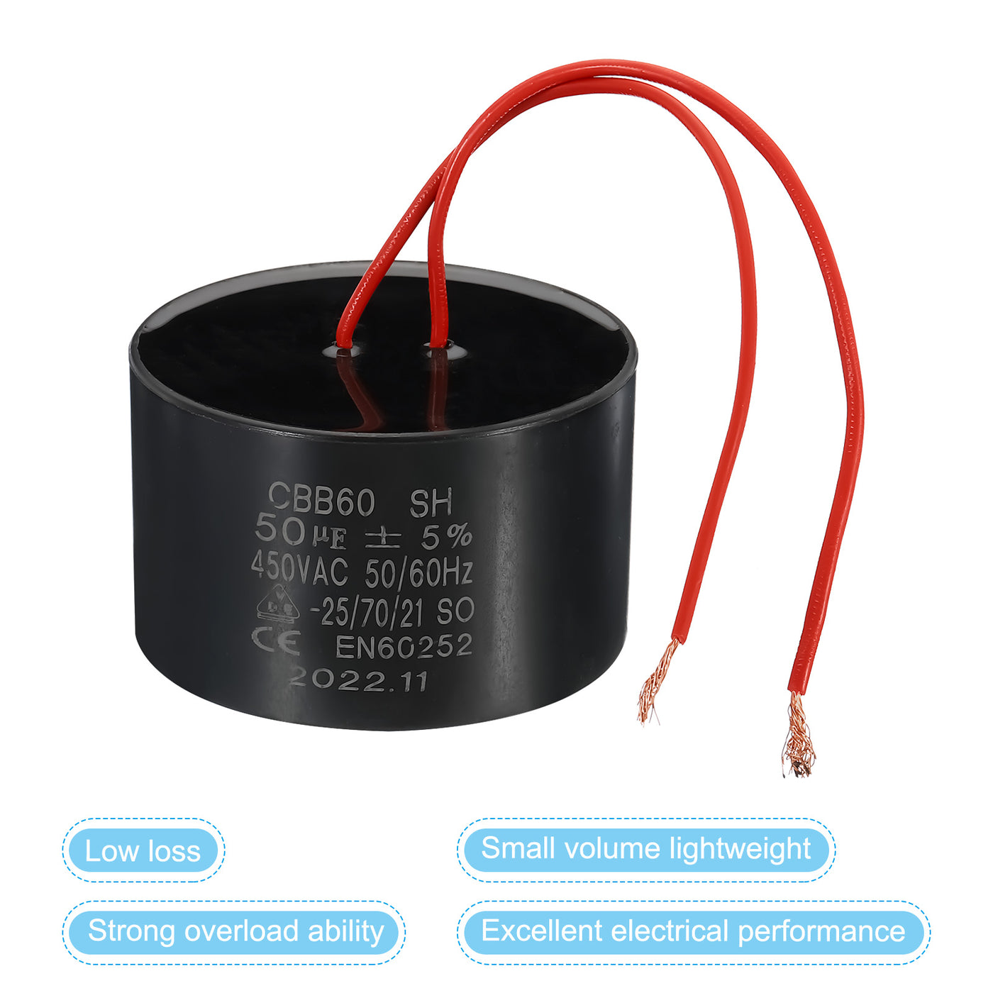 Harfington CBB60 50uf Running Capacitor,AC 450V 50/60Hz with 2 Red Wires 17cm for Water Pump