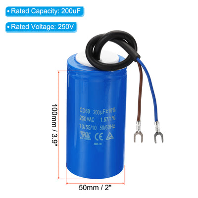 Harfington CD60 Run Capacitor, 200uF 250VAC 50/60Hz Motor Starting Capacitor with 2 Wires for Air Compressor Motor Starts Running