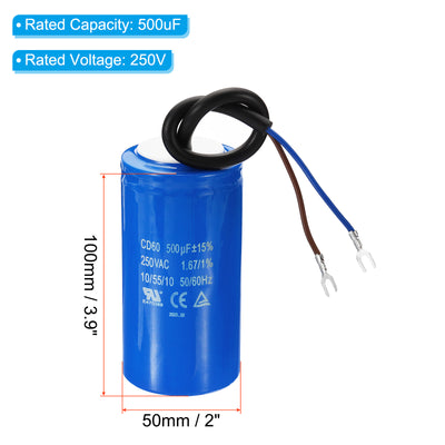Harfington CD60 Run Capacitor, 500uF 250VAC 50/60Hz Motor Starting Capacitor with 2 Wires for Air Compressor Motor Starts Running