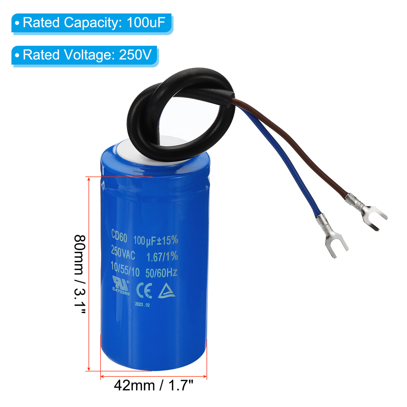 Harfington CD60 Run Capacitor, 2 Pack 100uF 250VAC 50/60Hz Motor Starting Capacitor with 2 Wires for Air Compressor Motor Starts Running