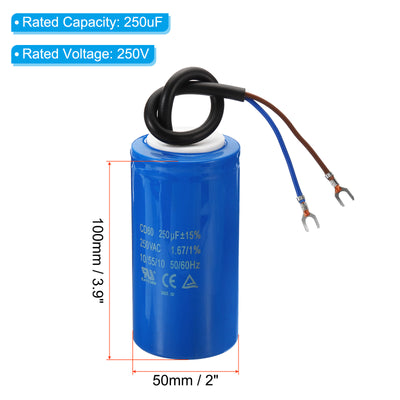 Harfington CD60 Run Capacitor, 2 Pack 250uF 250VAC 50/60Hz Motor Starting Capacitor with 2 Wires for Air Compressor Motor Starts Running