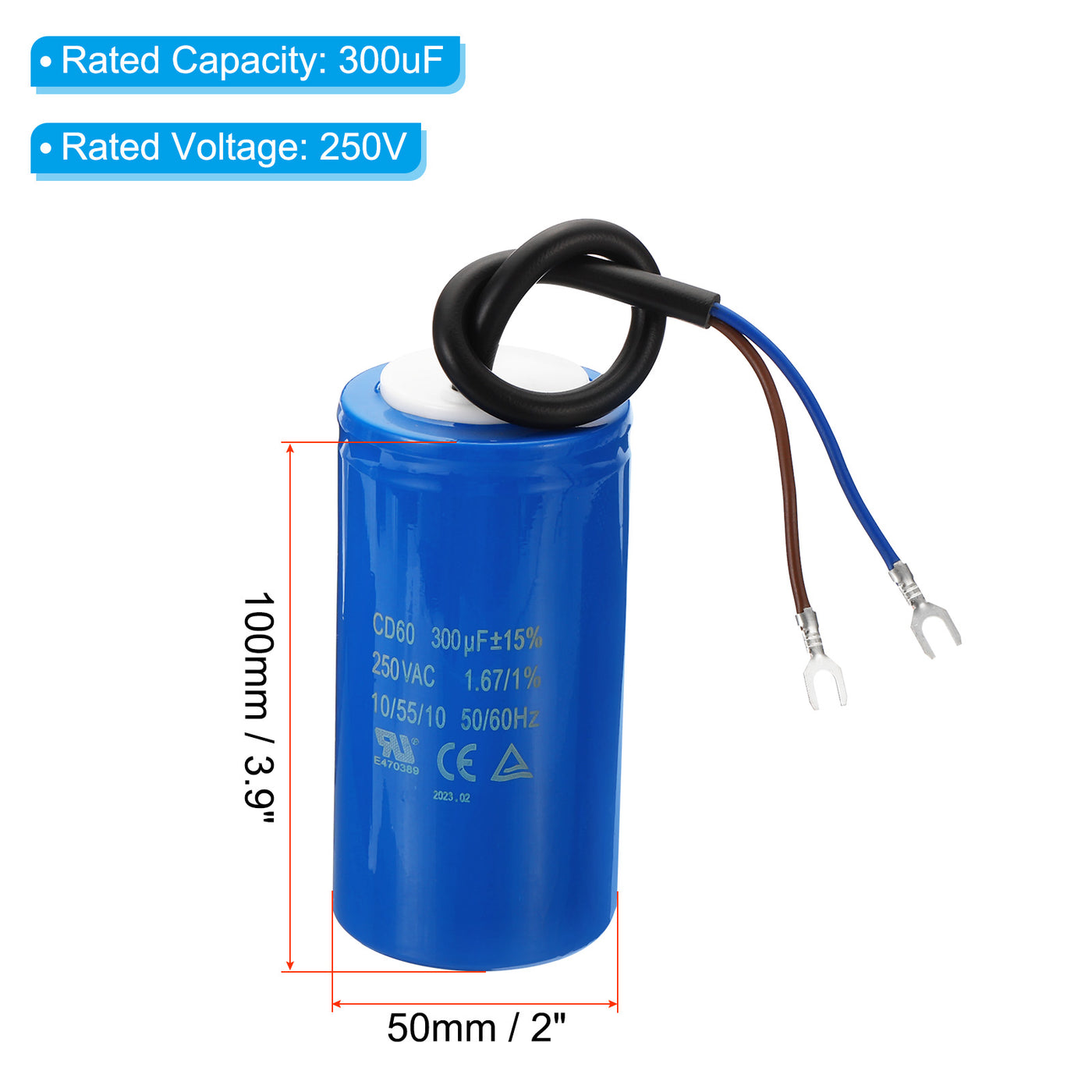 Harfington CD60 Run Capacitor, 2 Pack 300uF 250VAC 50/60Hz Motor Starting Capacitor with 2 Wires for Air Compressor Motor Starts Running