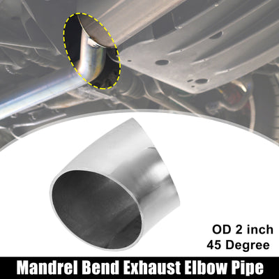 Harfington 1 Pcs OD 2 Inch 45 Degree Mandrel Bend Elbow Bend Tube Exhaust Elbow Pipe for Car Modified Exhaust System 2" Piping Silver Tone