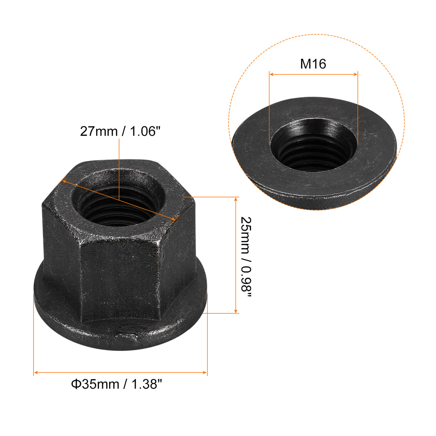 uxcell Uxcell M16 Flange Hex Lock Nuts, 2pcs Grade 8.8 Carbon Steel Hex Flange Nuts