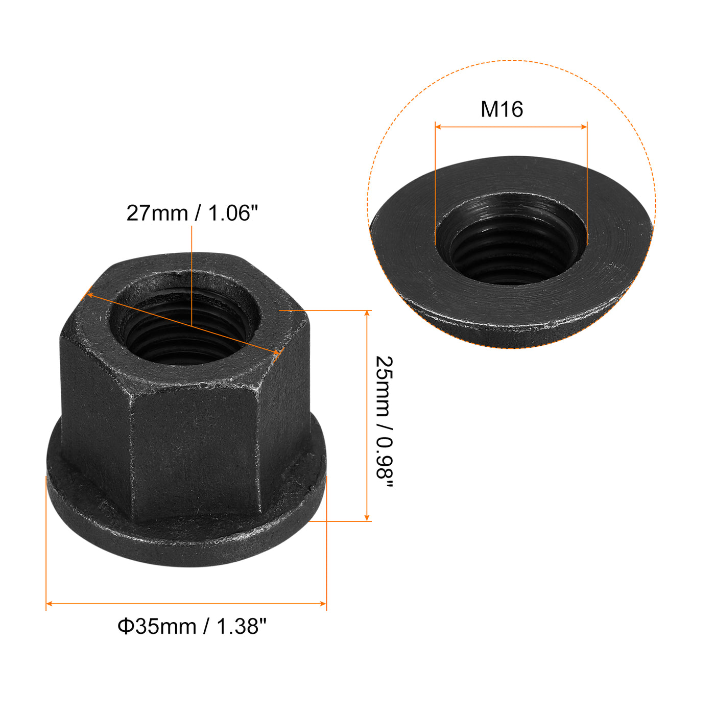 uxcell Uxcell M16 Flange Hex Lock Nuts, 2pcs Grade 10.9 Carbon Steel Hex Flange Nuts