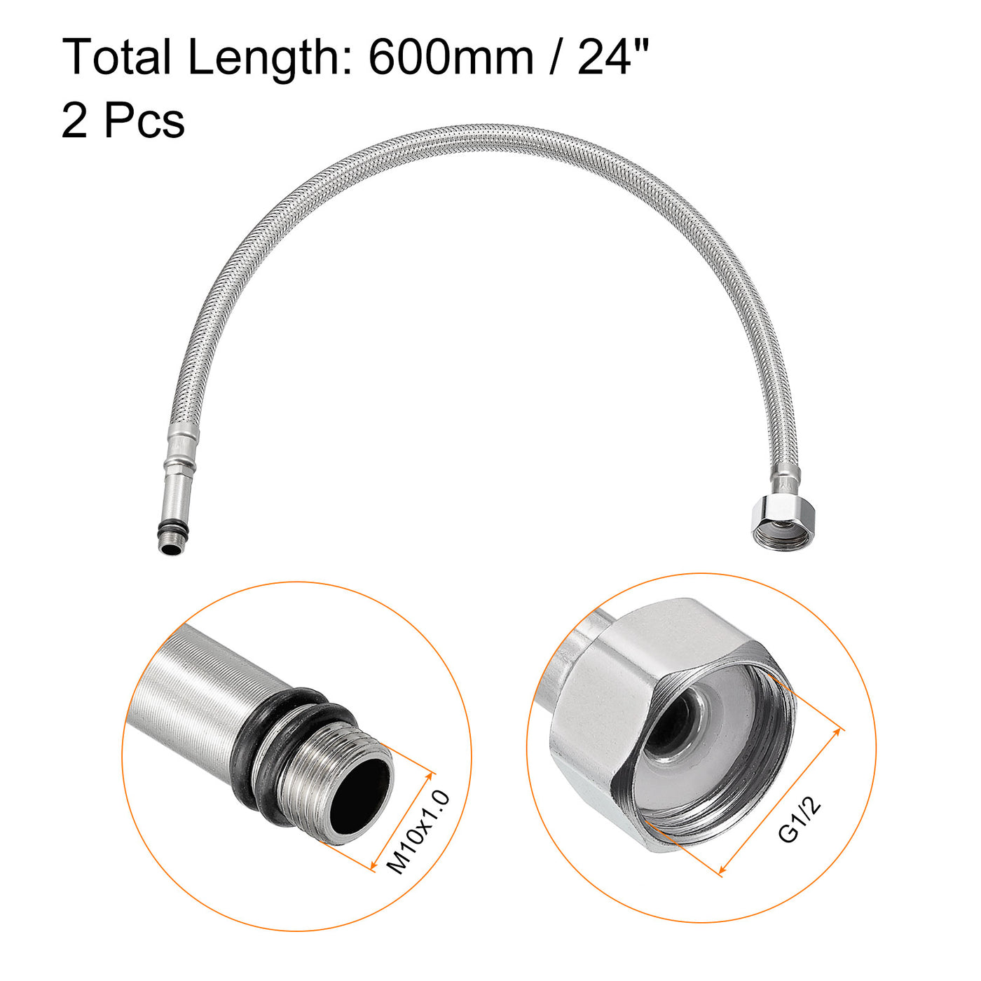 uxcell Uxcell 24 Inch Long Faucet Supply Line Connector, 2pcs G1/2 Female Compression Thread x M10 Male Connector Braided 304 Stainless Steel Water Supply Hose
