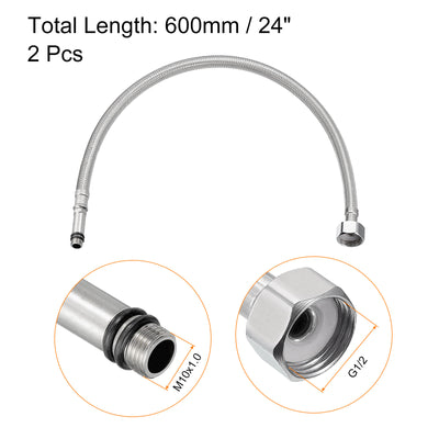 Harfington Uxcell 24 Inch Long Faucet Supply Line Connector, 2pcs G1/2 Female Compression Thread x M10 Male Connector Braided 304 Stainless Steel Water Supply Hose