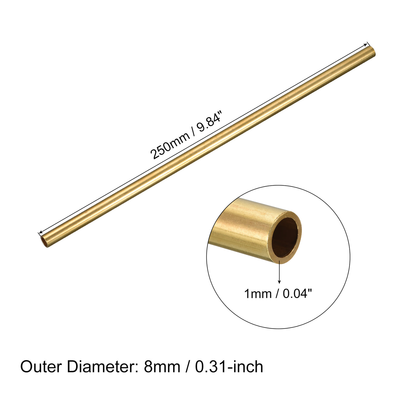 uxcell Uxcell Brass Round Tube 8mm OD 1mm Wall Thickness 250mm Length Pipe Tubing